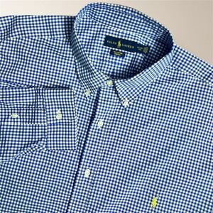 Ralph Lauren Mens 3XT Blue White Gingham Button Down Cotton Stretch Shirt Preppy